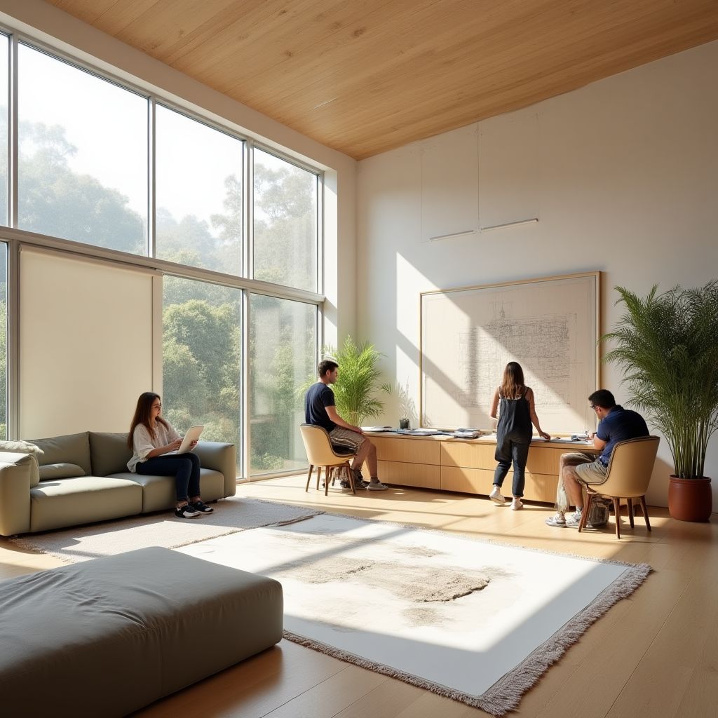 Estudio de diseño de interiores con estudiantes y profesores trabajando juntos