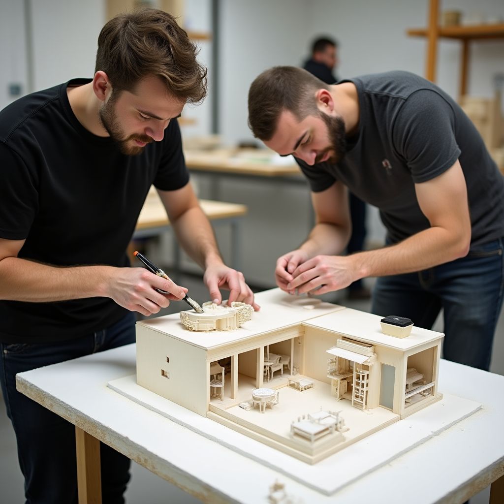 Estudiantes trabajando en taller de maquetas