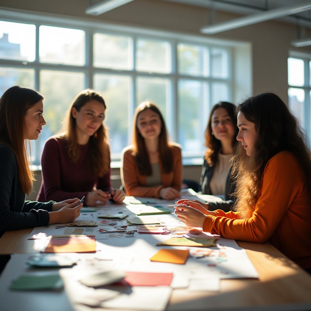 Estudiantes aprendiendo fundamentos del diseño en aula moderna