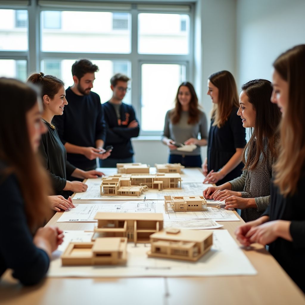 Estudiantes presentando maquetas de proyectos de diseño